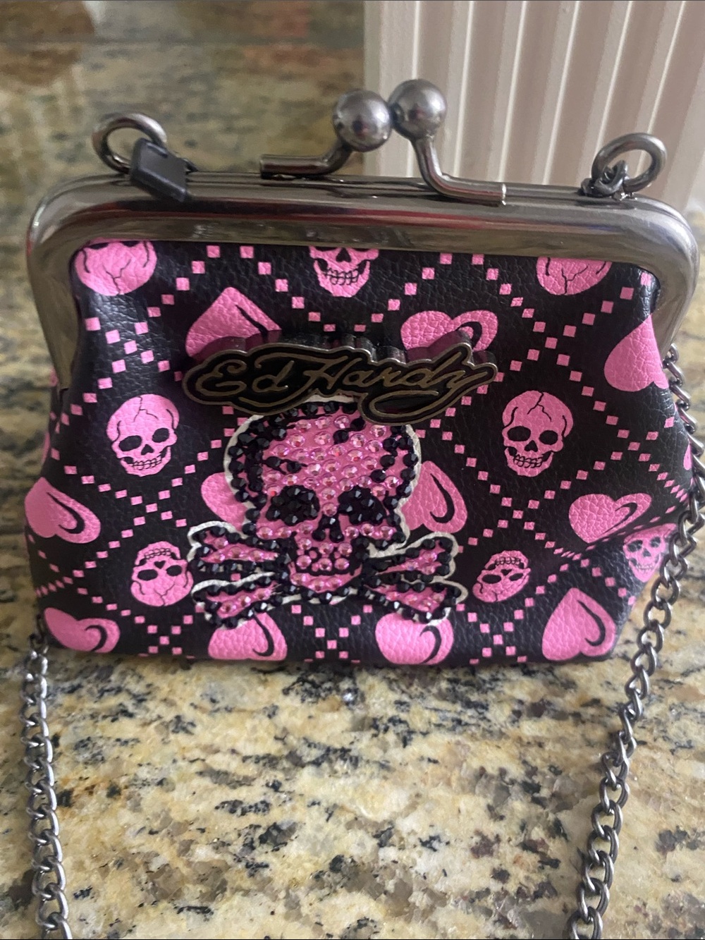 Ed Hardy Pink & Black Skull Kisslock mini Crossbody w gunmetal chain & crystals